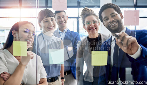 Image of Business people, writing and meeting in schedule planning for brainstorming, teamwork or tasks on glass board at office. Happy group of employees in sticky note project plan for strategy at workplace