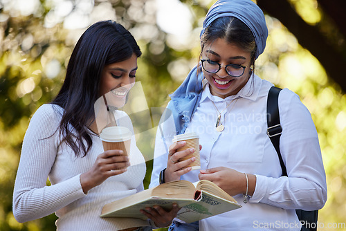 Image of Books, reading or university friends in park on campus for learning, education or future goals together. Smile, Muslim or students relaxing with school info meeting to research or college knowledge