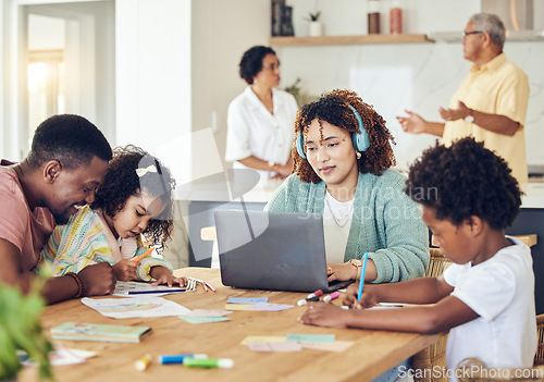 Image of Work from home family, learning support and children writing, drawing or house education with parents working on laptop. Biracial mom, remote job and dad teaching kids for language development help