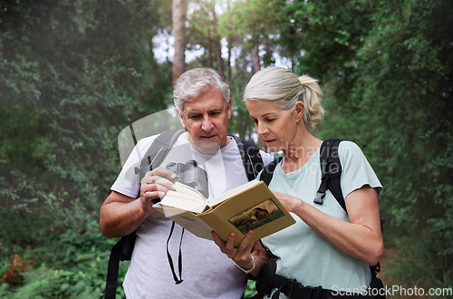 Image of Book, bird watching and reading with old couple in nature for bonding, discovery or travel adventure. Search, hiking and view with man and woman in forest for explore, retirement or ornithology hobby