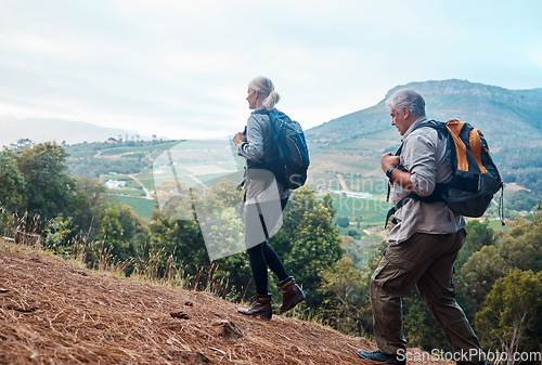 Image of Mountains, retirement and hiking, mature couple on fitness nature walk with mountain in view in Peru. Travel, senior man and woman exercise on cliff, hike with love and health on holiday adventure.