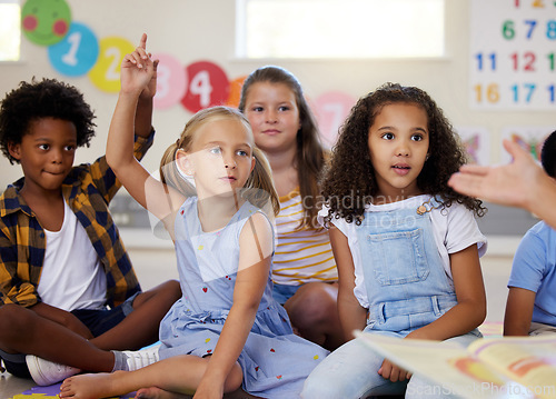 Image of Teacher, hands up or kids in classroom learning, test or studying with preschool story books. Development or smart children or young students with answers, ideas or knowledge in kindergarten creche