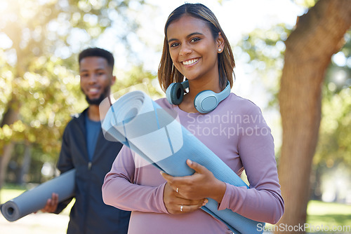 Image of Fitness, woman and portrait smile for yoga, spiritual wellness or healthy exercise in the nature outdoors. Happy female yogi smiling with mat for calm zen training, practice or workout class at park