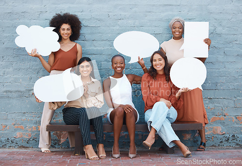 Image of Business woman, friends and speech bubble in social media holding shapes or icons against a wall background. Portrait of happy women smile with poster shaped symbols for networking or communication