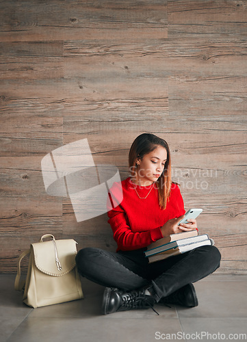 Image of Education, college and a woman with a phone for social media, communication and school app. Contact, books and a student typing on mobile for internet, learning and scholarship research at university