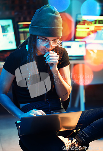 Image of Woman, laptop and hacker thinking, typing or programming, software or cybersecurity. Neon, computer and it coder or programmer reading information for hacking idea while on dark web at night in home.