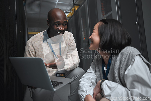 Image of Laptop, server room or technician people for teamwork, problem solving or database management system upgrade. Cybersecurity, data center or engineer employees for information technology or programmer