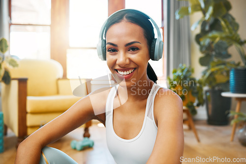 Image of Fitness, headphones or portrait of happy girl in yoga for body flexibility, wellness or healthy lifestyle. Smile, music or zen woman ready for exercise, workout or training in house exercising studio