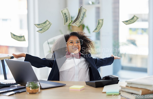 Image of Laptop, winner and child throw money for achievement, victory and online winning at home. Success, business mockup and young girl on computer celebrate, happy and excited for payment, bonus and goal