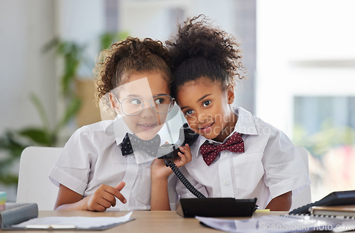 Image of Phone call, office and children dressed as employees for play time, acting and pretending. Happy, business and girl kids with a telephone, eavesdropping and listening to a conversation while playing