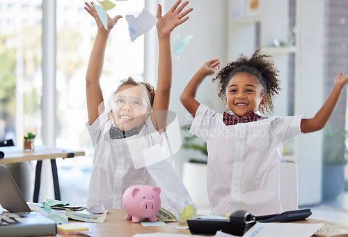 Image of School, holiday and children celebrating in a classroom for a vacation break feeling happy and excited throwing papers in the air. Education, business and happiness by young kids or girls winning