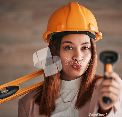 Image of Engineer, business woman and portrait of a property management worker with construction tools. Safety helmet, pout and engineering gear for a home renovation project with a happy female employee