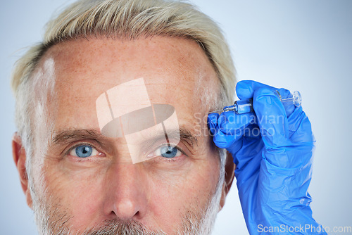 Image of Eye syringe, portrait and needle of a man in a studio doing plastic surgery and cosmetic skincare. Dermatology, wrinkles and anti aging treatment of a mature model with silicone filler injection