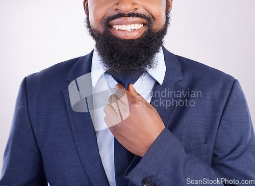 Image of Corporate, black man and fixing tie in studio for business fashion, manager and professional clothes in leadership. Closeup, happy executive and male model in suit for CEO, confidence and happiness