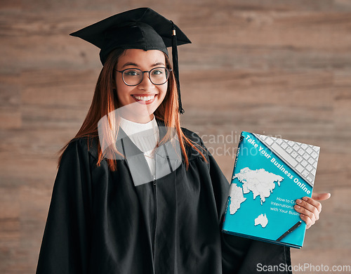 Image of College graduation, woman and portrait with business textbook of a young student happy. Learning book, happiness and excited female ready for university education with a smile from knowledge