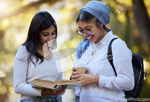 Image of Happy, reading or university friends in park on campus for learning, education or future goals together. Smile, Muslim or students relaxing with school books meeting to research or college knowledge