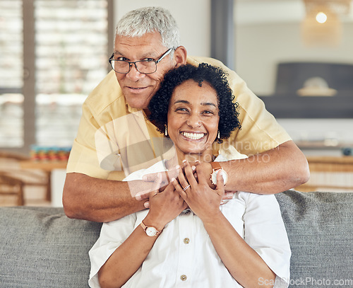 Image of Portrait, relax and senior happy couple hug, care and enjoy quality time together on home living room sofa. Retirement happiness, marriage love bond and romantic elderly husband, wife or people smile