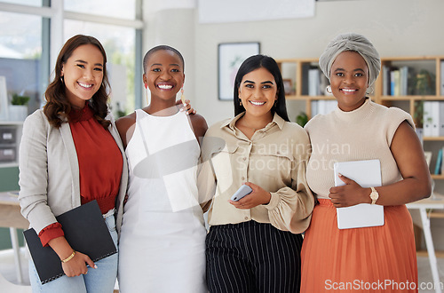 Image of Team, diversity and business people, happy in portrait and meeting with collaboration and solidarity. Female group, confidence and women employees, working together and support with trust in office