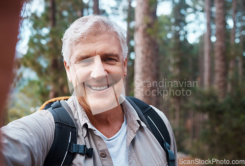 Image of Selfie portrait, forest and senior man hiking, fitness and outdoor health with happy blog update for social media. Nature, travel and trekking of mature person in woods with profile picture post
