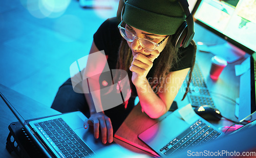 Image of Laptop, woman and hacker thinking with music and programming for cybersecurity. Neon top view, headphones and coder reading information for hacking while streaming radio on dark web at night in home.