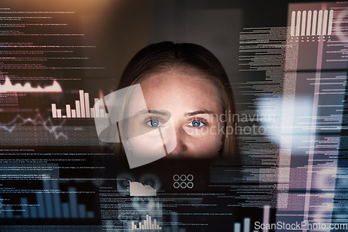 Image of Woman, dashboard and data analytics, coding and information technology with digital overlay and stock market statistics. Trading, IT and fintech, female trader working night and graph on stocks app