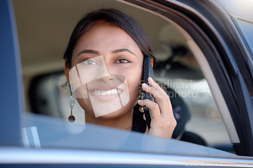 Image of Travel, phone call and woman in car, happiness and communication on journey, smile and relax. Female traveler, happy girl and commuter with smartphone, connection and talking in vehicle and transport