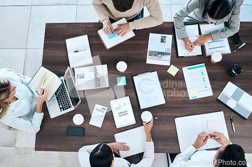 Image of Business people, meeting and planning above with marketing strategy, project report and sticky note brainstorming. Professional employees and teamwork with documents, laptop and notebook for ideas