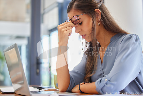 Image of Stress, problem and business woman with headache, anxiety or workload pressure in office. Burnout, pain and financial advisor suffering migraine, ache or anxious while checking tax documents deadline