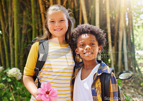 Image of Summer camp, portrait or happy kids in park together for fun break, bonding or playing in outdoors. Smile, diversity or young best friends smiling or embracing on school outing trip outside in nature