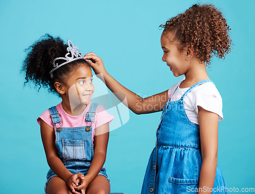 Image of Princess crown, happy friends and children in studio with a fantasy game with happiness, Isolated, blue background and dress up of a little girl and child friend with a smile of siblings and kids