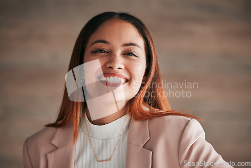 Image of Business woman, happy smile and portrait of an employee with happiness and joy ready for work. Corporate, young female and lawyer worker feeling proud, joy and confident from law firm and company job