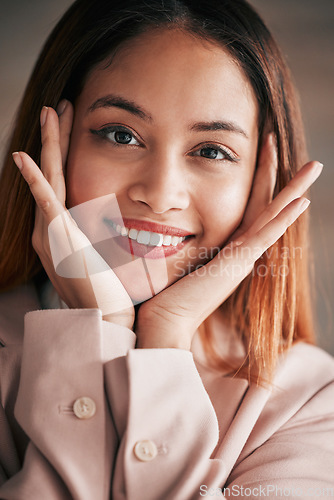 Image of Business woman, face closeup and smile portrait of an employee with happiness and joy for work. Corporate, young female and lawyer worker feeling happy and confident from law firm and company vision