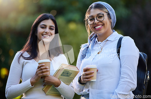 Image of Happy, portrait or university friends in park on campus for learning, education or future goals together. Smile, Muslim or students relaxing with school books meeting to research or college knowledge