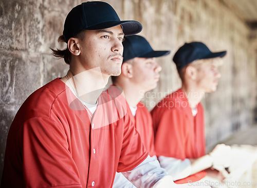 Image of Baseball, teamwork and dugout with a sports man watching a competitive game outdoor during summer for recreation. Sport, team and waiting with a male athlete on the bench to support his teammates