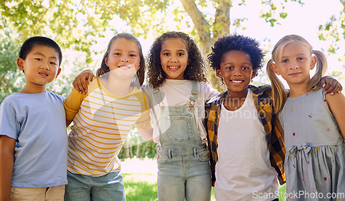 Image of Portrait, kids and a group of friends standing in a line together outdoor, feeling happy while having fun. Diversity, school and smile with children in a row, posing arm around outside in a park