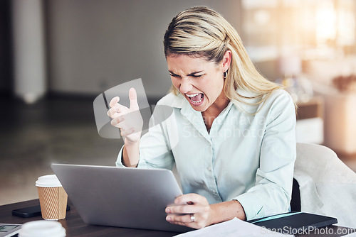 Image of Woman, laptop and error with shout in office for anger, frustrated and problem with website ui. Businesswoman, computer and screaming with angry face, stress and 404 glitch on internet in workplace