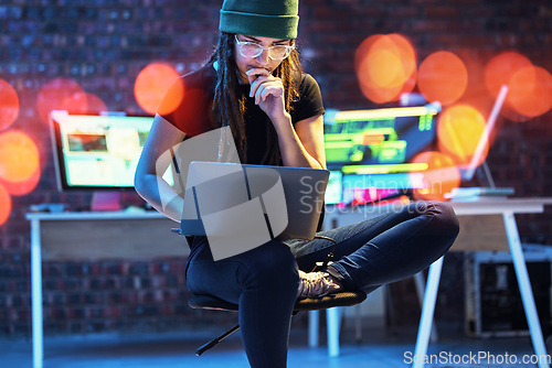 Image of Woman hacker, night and thinking with laptop for glitch, coding and data analysis for information technology. IT code expert, dark web and cyber crime with computer for problem solving on internet