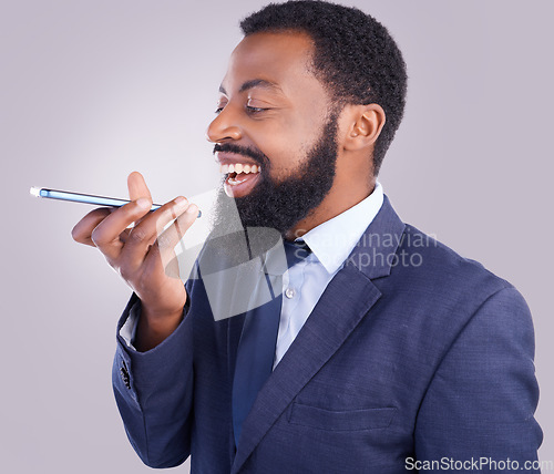 Image of Phone, voice message and man in white background, studio and talking for business contact. Happy corporate, black male and mobile recording for communication on smartphone, audio chat and mic speech