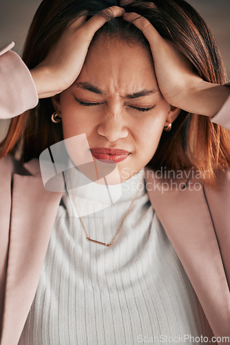 Image of Headache, pain and business woman face feeling stress and frustrated from work. Employee, young female and migraine of a tired worker with a mental health problem and company burnout in a office