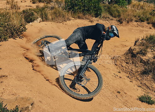 Image of Cycling, race and sports with man on mountain bike for adventure, fitness and adrenaline junkie. Exercise, risk and fast with male athlete riding in nature for workout, training and action speed