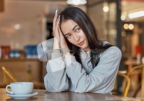 Image of Cafe, relax and woman with coffee thinking in restaurant with hot beverage, cappuccino and latte drink. Happy, peace and girl sitting by table with contemplation, thoughtful and break on weekend