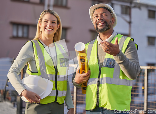 Image of Engineer, employees and discussion for teamwork, building and happiness for real estate. Architecture, male inspector and female supervisor with plan, inspection and hard hat with construction site