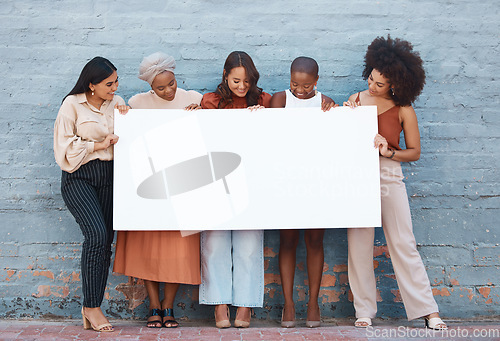 Image of Women, diversity and poster with space outdoor for billboard, mockup or advertising on board. Strong entrepreneur female group together with banner, paper or blank sign for announcement or voice