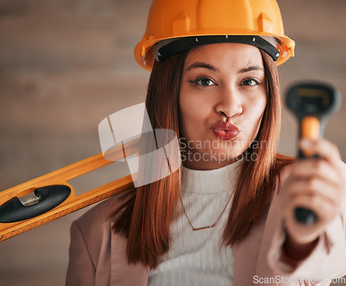 Image of Engineer pout, business woman and portrait of a property management worker with construction tools. Safety helmet and stud detector for a home renovation project with happy and silly female employee