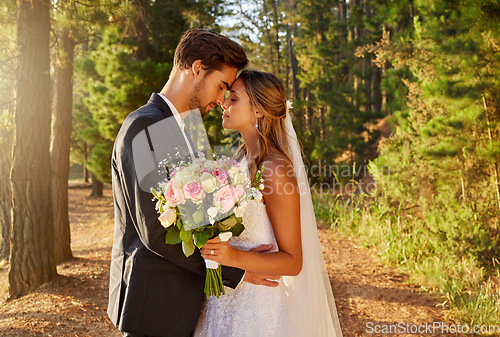 Image of Wedding, married and couple hug in park, forest and nature for celebration of partner, care and marriage. Bride, groom and love in garden for romance, bridal event and celebrate commitment ceremony