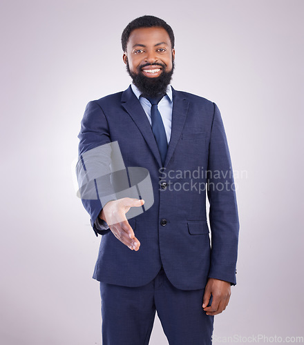 Image of Handshake, offer and portrait of black man in white background for networking, thank you and HR deal. Happy corporate male stretching for shaking hands, recruitment and welcome to partnership trust