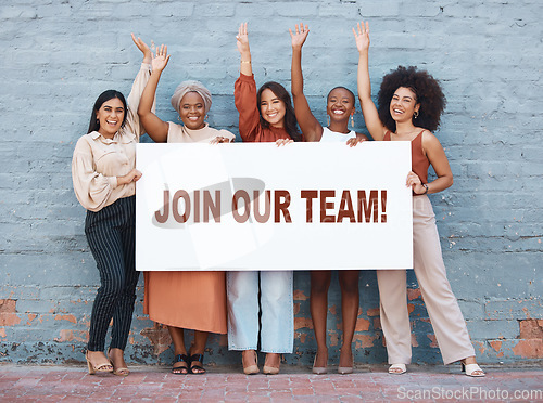 Image of Women, diversity and join us poster for recruitment outdoor with billboard, mockup or advertising on board. Female business team or candidate hands happy with hiring opportunity banner or sign