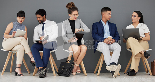 Image of Talking, waiting room and business people with tech in office, checking time and planning. Meeting, team and corporate employees getting ready for interview, networking and helping with work