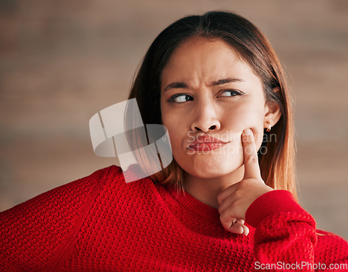 Image of Thinking, woman and wondering face closeup of a young female with decision and choice. Planning, solution and contemplation of a person with focus and creative strategy idea feeling thoughtful