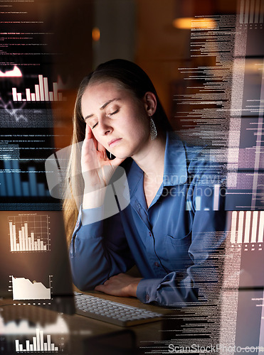 Image of Night overlay, tired or headache of woman in data analysis, trading or stock market depression, burnout or fatigue. Business person or online trader with stress, sad and migraine for graphs or charts